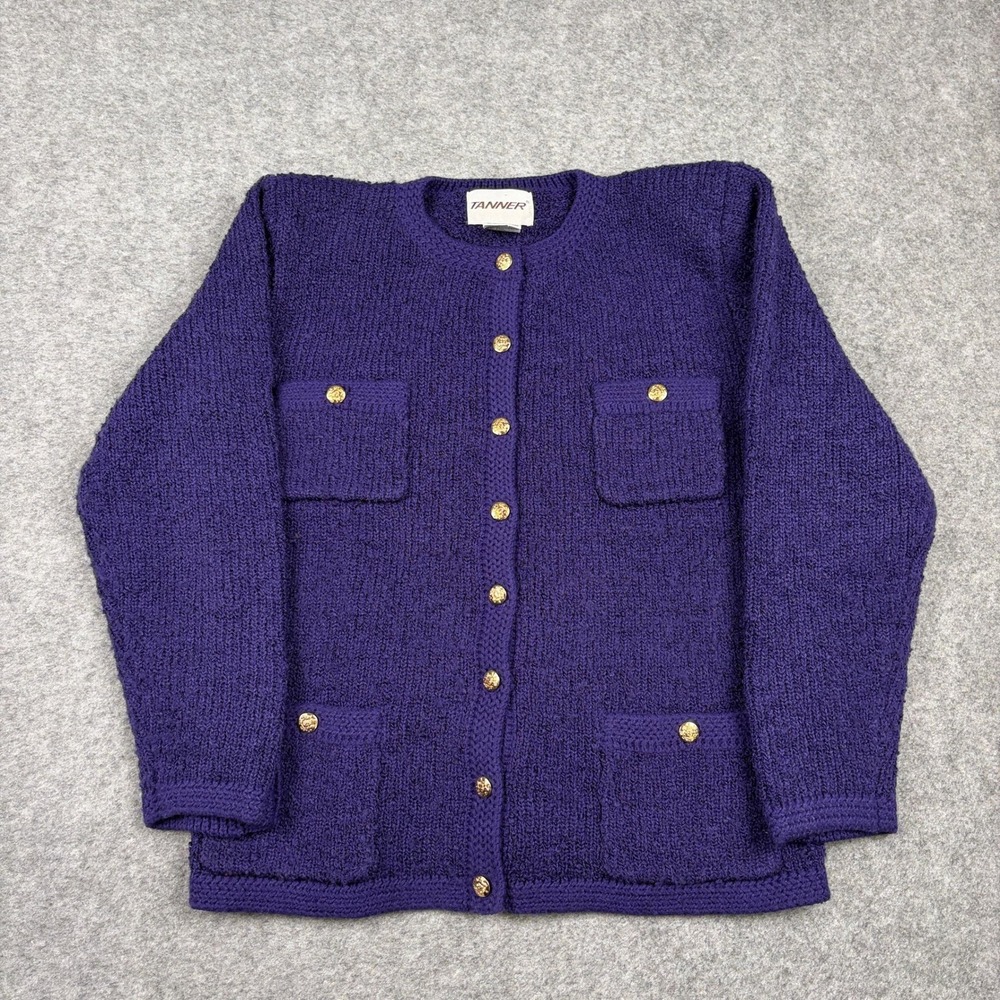Tanner Cardigan Sweater Womens Medium Purple Gold Crest Button‎ Knit Vintage 80s